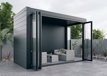 三協アルミ　モダン　おしゃれ　エクステリア　愛知・名古屋の外構専門店パートナーホームのエクステリア　製品一覧　X.スタイル（クロス.スタイル）　ガーデンルーム　独立納まり／土間仕様 4本の柱で自立し、建物などの制限を受けず施工が可能です。|パートナーホーム