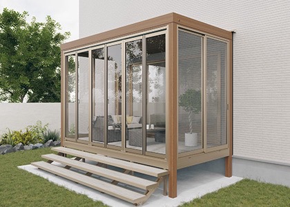 三協アルミ　モダン　おしゃれ　エクステリア　愛知・名古屋の外構専門店パートナーホームのエクステリア　製品一覧　X.スタイル（クロス.スタイル）　ガーデンルーム　壁寄せ納まり／床仕様 建物の躯体に固定せず、躯体構造を傷つけずに施工が可能です。|パートナーホーム