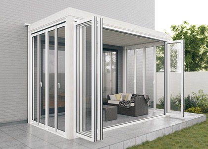 三協アルミ　モダン　おしゃれ　エクステリア　愛知・名古屋の外構専門店パートナーホームのエクステリア　製品一覧　X.スタイル（クロス.スタイル）　ガーデンルーム　壁寄せ納まり／土間仕様|パートナーホーム