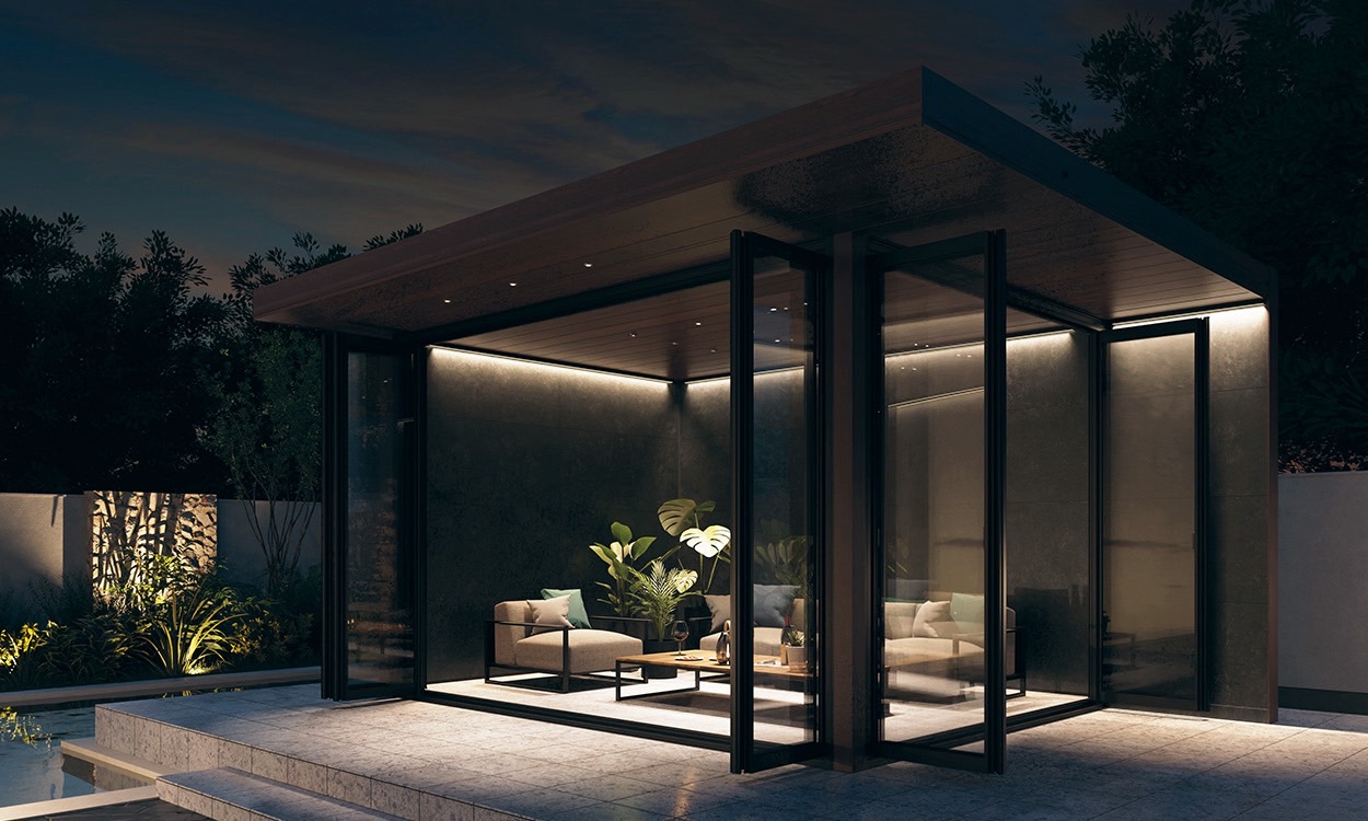 三協アルミ　モダン　おしゃれ　エクステリア　愛知・名古屋の外構専門店パートナーホームのエクステリア　製品一覧　X.スタイル（クロス.スタイル）　ガーデンルーム　 ガーデンルーム＜Night Scene＞ ガーデンルーム：トラッドオーク（FA）（天井材：トラッドオーク（FA））|パートナーホーム