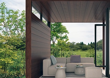 テラス　三協アルミ　モダン　おしゃれ　エクステリア　愛知・名古屋の外構専門店パートナーホームのエクステリア　製品一覧　X.スタイル（クロス.スタイル）　ガーデンルーム　デザインウォール 高意匠で目隠し効果の高いデザインウォール。外からの視線を遮り、ゆったりとくつろげる快適スペースに。|パートナーホーム