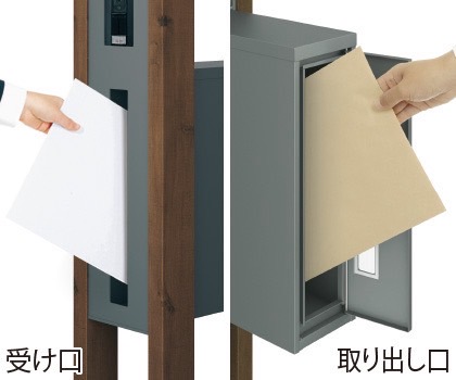 三協アルミ　モダン　おしゃれ　エクステリア　愛知・名古屋の外構専門店パートナーホームのエクステリア　製品一覧　門まわり装飾　マクリズム　機能門柱　ポスト 前入れ後出しタイプで、取り出し口には簡易錠（ダイヤル式）を標準装備しています。また、取り付ける場所に応じて開き勝手の変更もできます。 ●メール便には対応できません|パートナーホーム