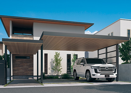 三協アルミ　モダン　おしゃれ　エクステリア　愛知・名古屋の外構専門店パートナーホームのエクステリア　製品一覧　X.スタイル（クロス.スタイル）　マルチルーフ　高さ違い連結 柱を兼用して異なる高さの屋根を連結することができます。|パートナーホーム