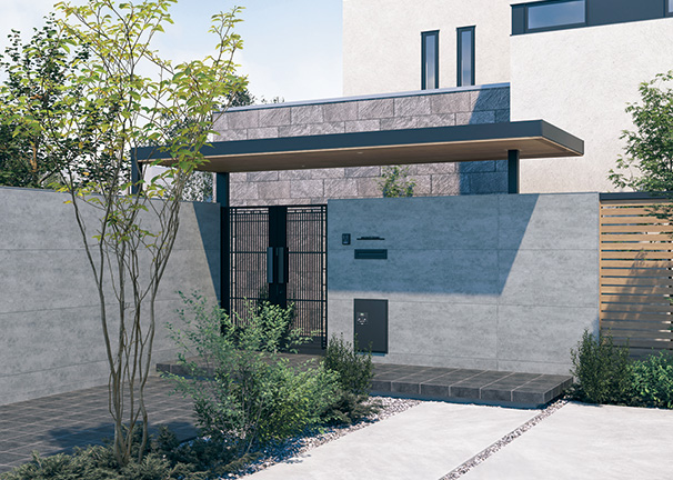 三協アルミ　モダン　おしゃれ　エクステリア　愛知・名古屋の外構専門店パートナーホームのエクステリア　製品一覧　X.スタイル（クロス.スタイル）　マルチルーフ　3本柱仕様 片側1本の柱で支える3本柱仕様で、屋根下空間がすっきりとした印象に。 マルチルーフ／フレーム／デザインウォール 化粧ボード／スクリーンユニット マルチルーフ：ブラック（KC）（天井材：シナモンエルム（NE））／フレーム：ブラック（KC） デザインウォール 化粧ボード：モルティエ（MR）／スクリーンユニット：シナモンエルム（NE）|パートナーホーム