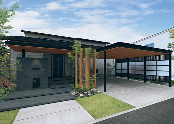 三協アルミ　モダン　おしゃれ　エクステリア　愛知・名古屋の外構専門店パートナーホームのエクステリア　製品一覧　X.スタイル（クロス.スタイル）　マルチルーフ　カーポート＋マルチルーフ連結 カーポートとマルチルーフの連結で、より一体感のあるルーフ空間を演出できます。　マルチルーフ／デザインウォール 化粧ボード／デザイン格子（横格子）／デザイン格子（たて格子） マルチルーフ：ブラック（KC）（天井材：シナモンエルム（NE））／デザインウォール 化粧ボード：フェルノア（FR） デザイン格子（横格子）：シナモンエルム（NE）／デザイン格子（たて格子）：ブラック（KC）|パートナーホーム