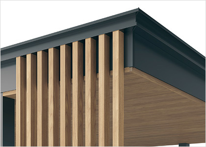 三協アルミ　モダン　おしゃれ　エクステリア　愛知・名古屋の外構専門店パートナーホームのエクステリア　製品一覧　X.スタイル（クロス.スタイル）　マルチルーフ　デザイン破風 ※格子取り付け例|パートナーホーム