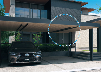 三協アルミ　モダン　おしゃれ　エクステリア　愛知・名古屋の外構専門店パートナーホームのエクステリア　製品一覧　X.スタイル（クロス.スタイル）　マルチルーフ　SDL1型用照明カバー・飾り材 プレミアムタイプの天井材にリズムを生み出すSDL1型用照明カバーと格子の飾り材です。|パートナーホーム