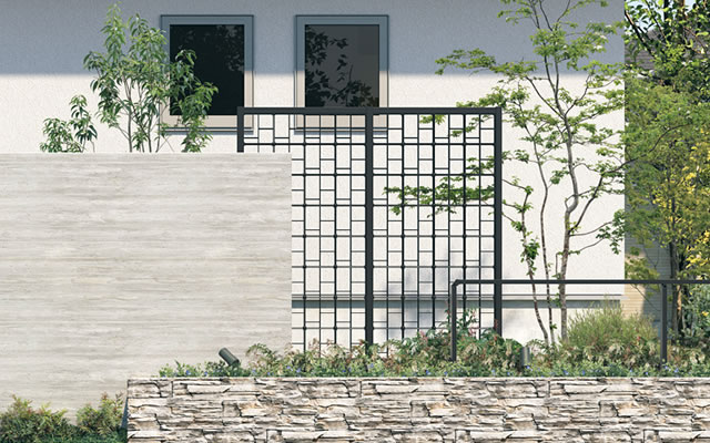 三協アルミ　モダン　おしゃれ　エクステリア　愛知・名古屋の外構専門店パートナーホームのエクステリア　製品一覧　門まわり装飾　アルミス　間仕切り支柱タイプ 支柱により独立した施工ができますので、設置場所や用途に合わせ、豊富なサイズバリエーションや連結によって様々な対応が可能です。|パートナーホーム