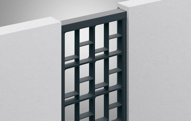 三協アルミ　モダン　おしゃれ　エクステリア　愛知・名古屋の外構専門店パートナーホームのエクステリア　製品一覧　門まわり装飾　アルミス　アルミブロックとスリムなラインを演出するたて枠、壁付け金具で壁面と固定する壁付け上下桟によるシンプルな構成。 ●壁付けタイプはコンクリート壁以外への取り付けはできません。|パートナーホーム