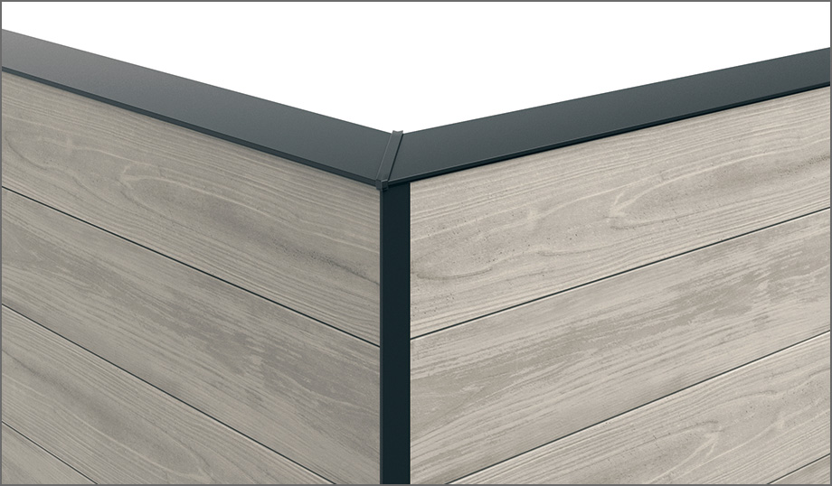 三協アルミ　モダン　おしゃれ　エクステリア　愛知・名古屋の外構専門店パートナーホームのエクステリア　製品一覧　門まわり装飾　みられ／MIRARE　コーナー材 90°のコーナー連結部分は、コーナーカバー材と枠材コーナーキャップにより、スマートに仕上がります。|パートナーホーム