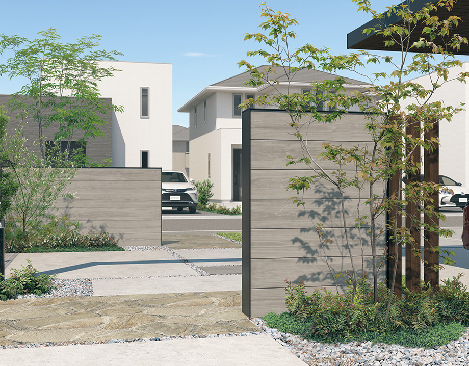 三協アルミ　モダン　おしゃれ　エクステリア　愛知・名古屋の外構専門店パートナーホームのエクステリア　製品一覧　門まわり装飾　みられ／MIRARE　ダブルタイプ 表・裏ともに壁材を使用したダブルタイプ。どちら側から見ても高級感のある空間を演出します。|パートナーホーム