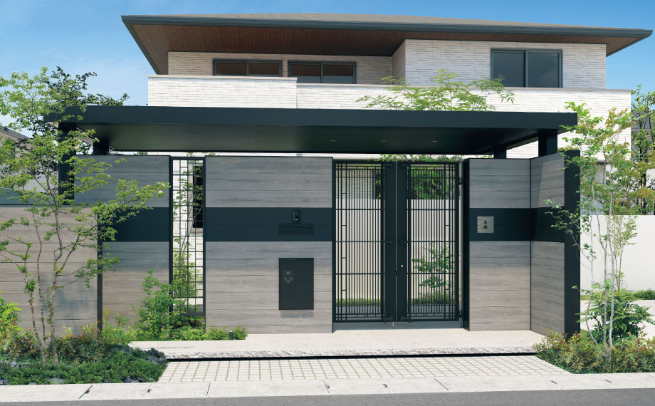 三協アルミ　モダン　おしゃれ　エクステリア　愛知・名古屋の外構専門店パートナーホームのエクステリア　製品一覧　門まわり装飾　みられ／MIRARE　ダブルタイプ（アレンジ対応）|パートナーホーム