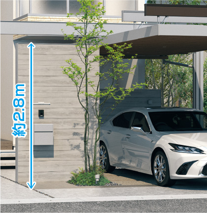 三協アルミ　モダン　おしゃれ　エクステリア　愛知・名古屋の外構専門店パートナーホームのエクステリア　製品一覧　門まわり装飾　みられ／MIRARE　カーポート隣接壁タイプ カーポート「U.スタイル アゼスト」とサイズを合わせてあるため、一体感のあるスタイルに仕上がります。|パートナーホーム