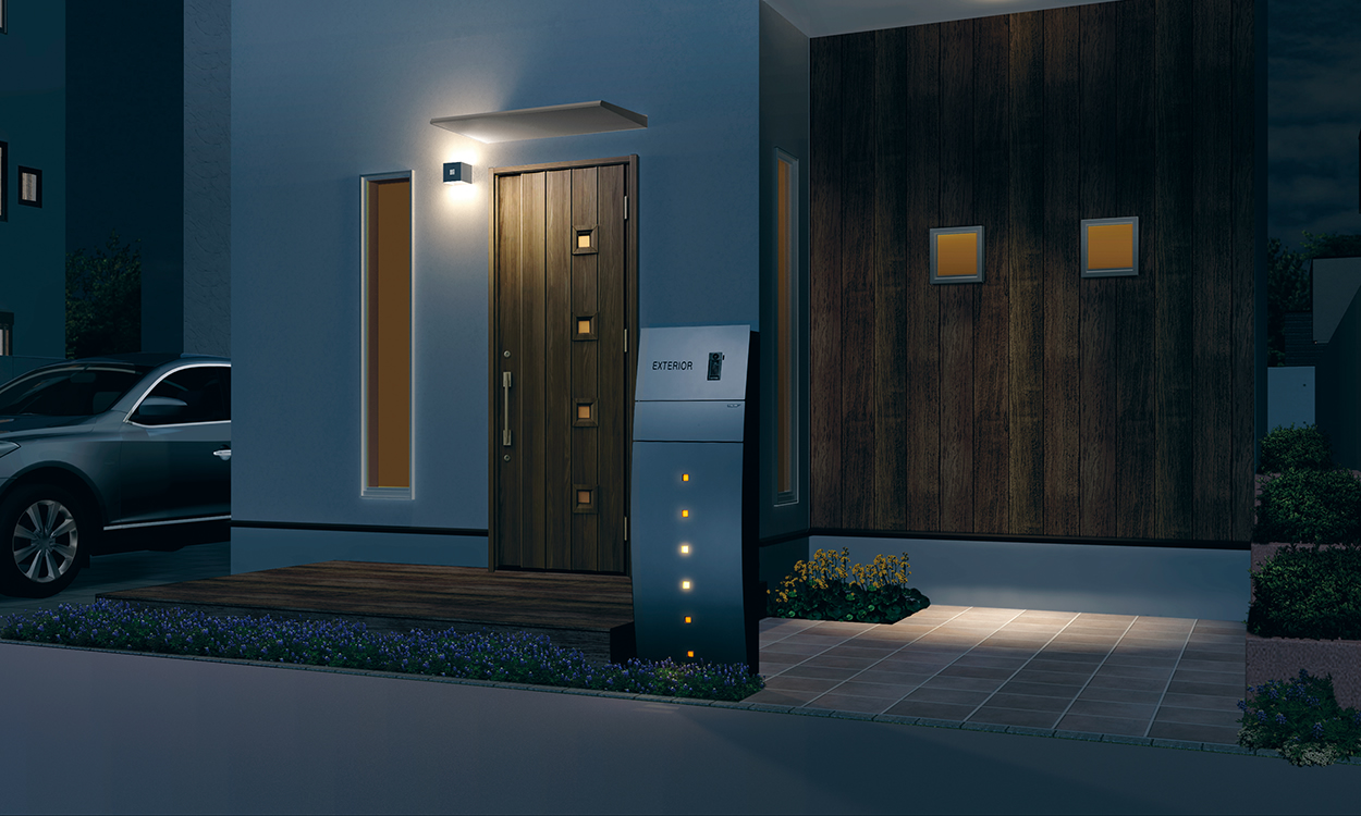 三協アルミ　モダン　おしゃれ　エクステリア　愛知・名古屋の外構専門店パートナーホームのエクステリア　製品一覧　機能ポール ステイム　 シルバー＜Night Scene＞ Aタイプ／シルバー＜Night Scene＞ ダイヤル錠タイプ／テレビインターホンカバーパネル〈STMAｰTCｰH2〉|パートナーホーム