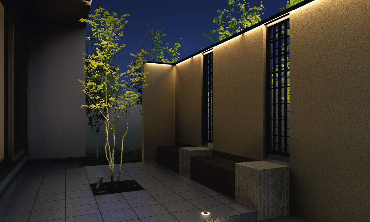 三協アルミ　モダン　おしゃれ　エクステリア　愛知・名古屋の外構専門店パートナーホームのエクステリア　製品一覧　門まわり装飾　フィオーレ　 ブロック笠木＋アルミス＜Night Scene＞ ブロック笠木＋アルミス＜Night Scene＞ 封鎖的で暗い印象の直線塀に、ブロック笠木とアルミスにより光と風を採り入れ、美しいコントラストを演出します。|パートナーホーム