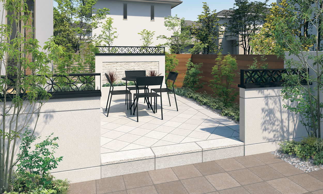 三協アルミ　モダン　おしゃれ　エクステリア　愛知・名古屋の外構専門店パートナーホームのエクステリア　製品一覧　門まわり装飾　フィオーレ　アルミス付きブロック笠木 七宝柄のアルミス付きブロック笠木を用いた華やかな演出が空間に映え、エレガントな印象を与えます。 笠木・アルミス：ブラック|パートナーホーム