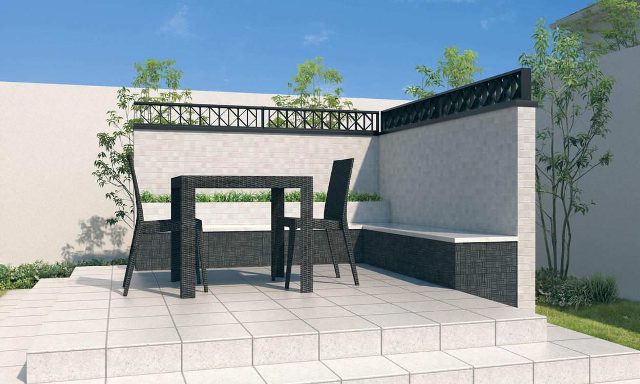 三協アルミ　モダン　おしゃれ　エクステリア　愛知・名古屋の外構専門店パートナーホームのエクステリア　製品一覧　門まわり装飾　フィオーレ　 アルミス付きブロック笠木 アルミス付きブロック笠木 モノトーンな空間に合わせ、アルミス付きブロック笠木のダイヤ柄で、シンプルモダンなイメージをさらに高めます。 笠木・アルミス：ブラック|パートナーホーム