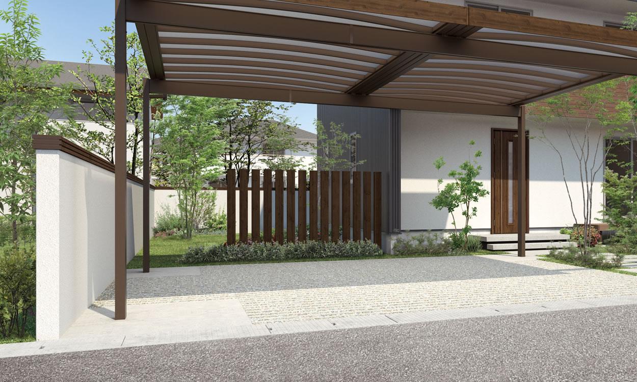 三協アルミ　モダン　おしゃれ　エクステリア　愛知・名古屋の外構専門店パートナーホームのエクステリア　製品一覧　門まわり装飾　フィオーレ　 デザイン笠木 デザイン笠木 植栽と心地良く馴染む木調色で、他のアイテムと合わせたトータルな外構プランを提案。 デザイン笠木：FAC（トラッドオーク・ダークブロンズ）|パートナーホーム