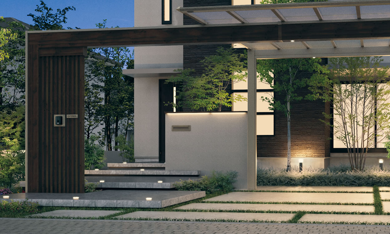 三協アルミ　モダン　おしゃれ　エクステリア　愛知・名古屋の外構専門店パートナーホームのエクステリア　製品一覧　門まわり装飾　フィオーレ　 LED照明付きブロック笠木 LED照明付きブロック笠木 空間に映える木調色のアクセントカラーと、LED照明付きブロック笠木のチョイスでナイトシーンも美しく演出。 デザイン笠木：FAC（トラッドオーク・ダークブロンズ）|パートナーホーム