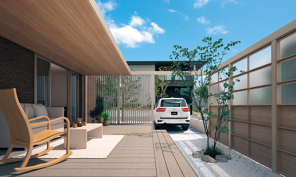 三協アルミ　モダン　おしゃれ　エクステリア　愛知・名古屋の外構専門店パートナーホームのエクステリア　製品一覧　X.スタイル（クロス.スタイル）　マルチルーフ　マルチルーフ／スクリーンユニット・デザイン格子（たて格子） マルチルーフ：アーバングレー（UC）（天井材：シナモンエルム（NE）） スクリーンユニット・デザイン格子（たて格子）：シナモンエルム（NE）|パートナーホーム