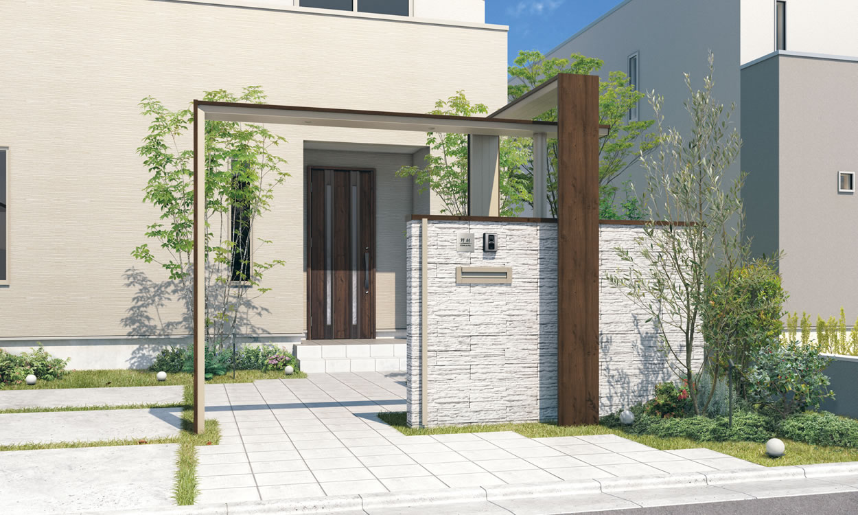 三協アルミ　モダン　おしゃれ　エクステリア　愛知・名古屋の外構専門店パートナーホームのエクステリア　製品一覧　門まわり装飾　フィオーレ　 アーチ（Lタイプ：外側木調）／アーチ（門タイプ：外側木調）／ブロック笠木 アーチ（Lタイプ：外側木調）／アーチ（門タイプ：外側木調）／ブロック笠木 シンプルな外観に木調色が映えるアーチは、2つをクロスした立体的な演出で存在感のあるエントランスに。 アーチ：FAU（トラッドオーク・アーバングレー）／笠木：FAC（トラッドオーク・ダークブロンズ）|パートナーホーム