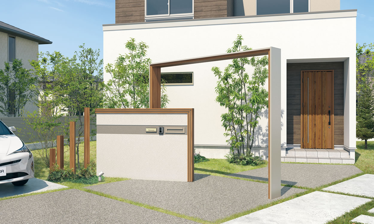 三協アルミ　モダン　おしゃれ　エクステリア　愛知・名古屋の外構専門店パートナーホームのエクステリア　製品一覧　門まわり装飾　フィオーレ　 たて材付きデザイン笠木／アーチ（門タイプ：内側木調）／枕木材（マクリズム） たて材付きデザイン笠木／アーチ（門タイプ：内側木調）／枕木材（マクリズム） 玄関ドアと合わせた明るい木調色の笠木やアーチ・枕木材の組み合わせで、エントランスを賑やかにコーディネート。 笠木・アーチ：YCU（クラフトチェリー・アーバングレー）／枕木材：クラフトチェリー|パートナーホーム