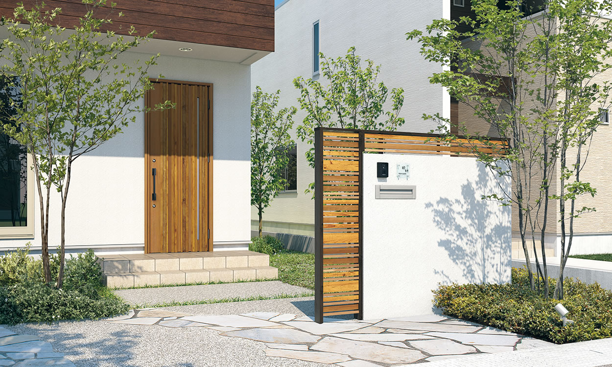 三協アルミ　モダン　おしゃれ　エクステリア　愛知・名古屋の外構専門店パートナーホームのエクステリア　製品一覧　門まわり装飾　フィオーレ　 フェンス（片面意匠）／スクリーン（片面意匠） フェンス（片面意匠）／スクリーン（片面意匠） 自然と心地よい調和を楽しむランダム格子ならではの色調と不均等な凹凸感が魅力です。 フェンス・スクリーン：RYC（シナモンエルム・オールドファッションパイン・クラフトチェリー・ダークブロンズ）|パートナーホーム