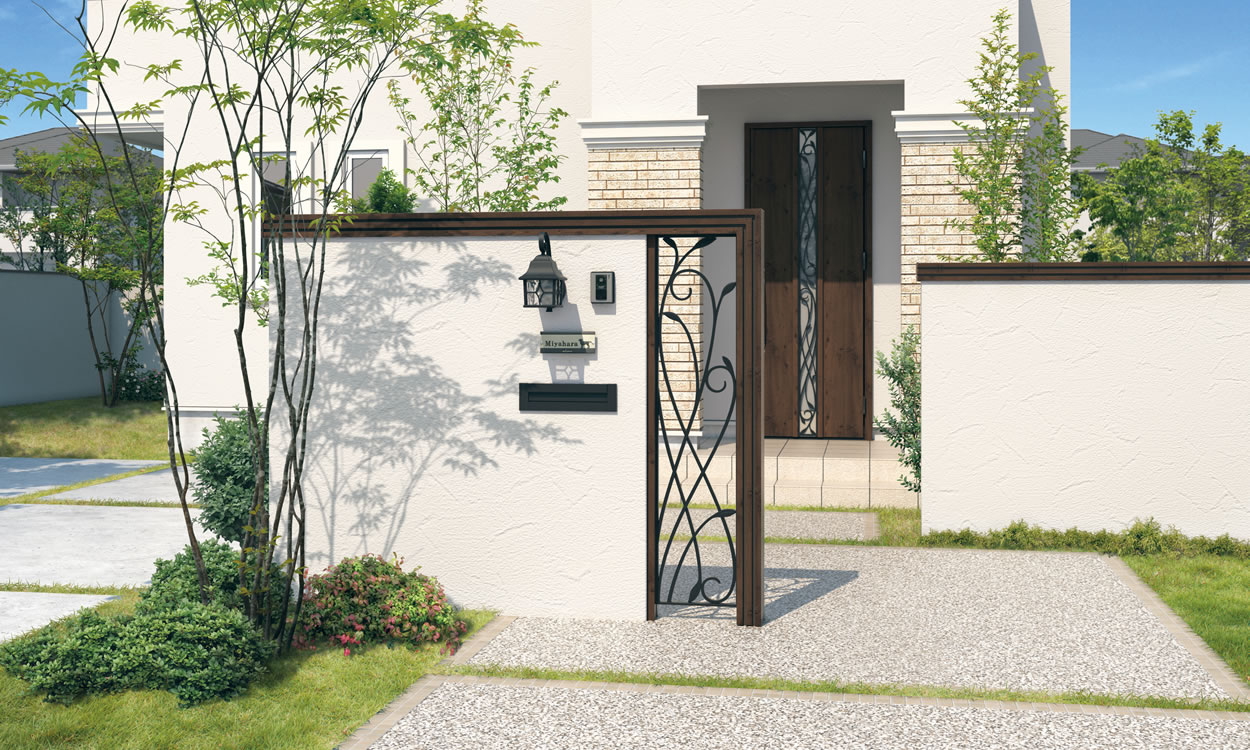 三協アルミ　モダン　おしゃれ　エクステリア　愛知・名古屋の外構専門店パートナーホームのエクステリア　製品一覧　門まわり装飾　フィオーレ　 たて材付きデザイン笠木：スクリーンタイプ／デザイン笠木／スクリーン（両面意匠） たて材付きデザイン笠木：スクリーンタイプ／デザイン笠木／スクリーン（両面意匠） シックでエレガントなイメージの木調＆鋳物パネルで、玄関ドアと合わせた美しいコーディネートを実現。 笠木：FAC（トラッドオーク・ダークブロンズ）／スクリーン：ブラック|パートナーホーム