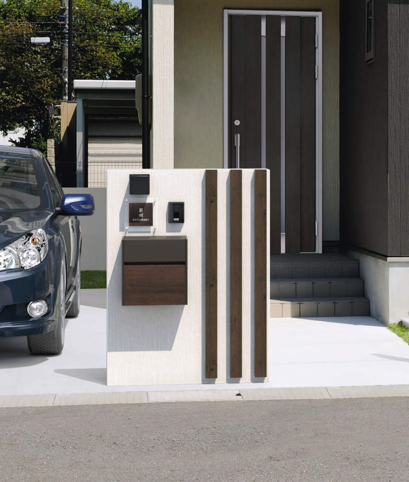 SWE型　壁付けタイプ FAC（木調部：トラッドオーク／形材部：ダークブロンズ）　三協アルミ　モダン　おしゃれ　エクステリア　愛知・名古屋の外構専門店パートナーホームのエクステリア　製品一覧　ポスト　SWE型　|パートナーホーム