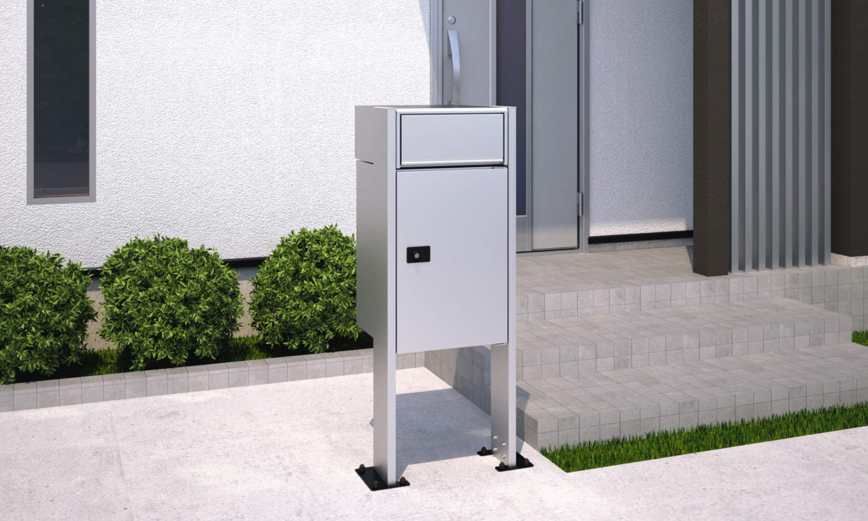 三協アルミ　モダン　おしゃれ　エクステリア　愛知・名古屋の外構専門店パートナーホームのエクステリア　製品一覧　宅配ボックス フレムスLight（ライト）S型　ポール建てタイプ（ポスト付きタイプ） シルバー（SI）／ポールベースプレートタイプ／宅配ボックス：ミドルタイプ|パートナーホーム