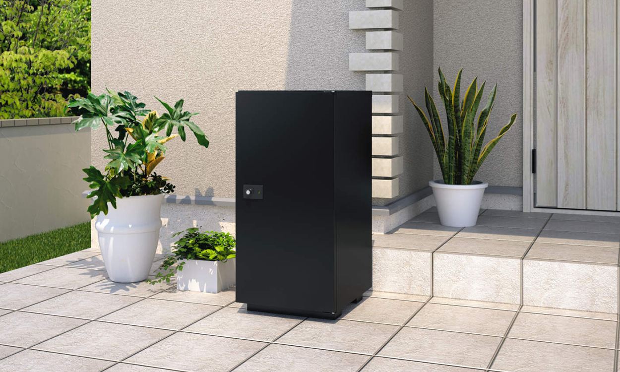 三協アルミ　モダン　おしゃれ　エクステリア　愛知・名古屋の外構専門店パートナーホームのエクステリア　製品一覧　宅配ボックス フレムスLight（ライト）S型　据え置きタイプ ブラック（KC）／宅配ボックス：ラージタイプ|パートナーホーム