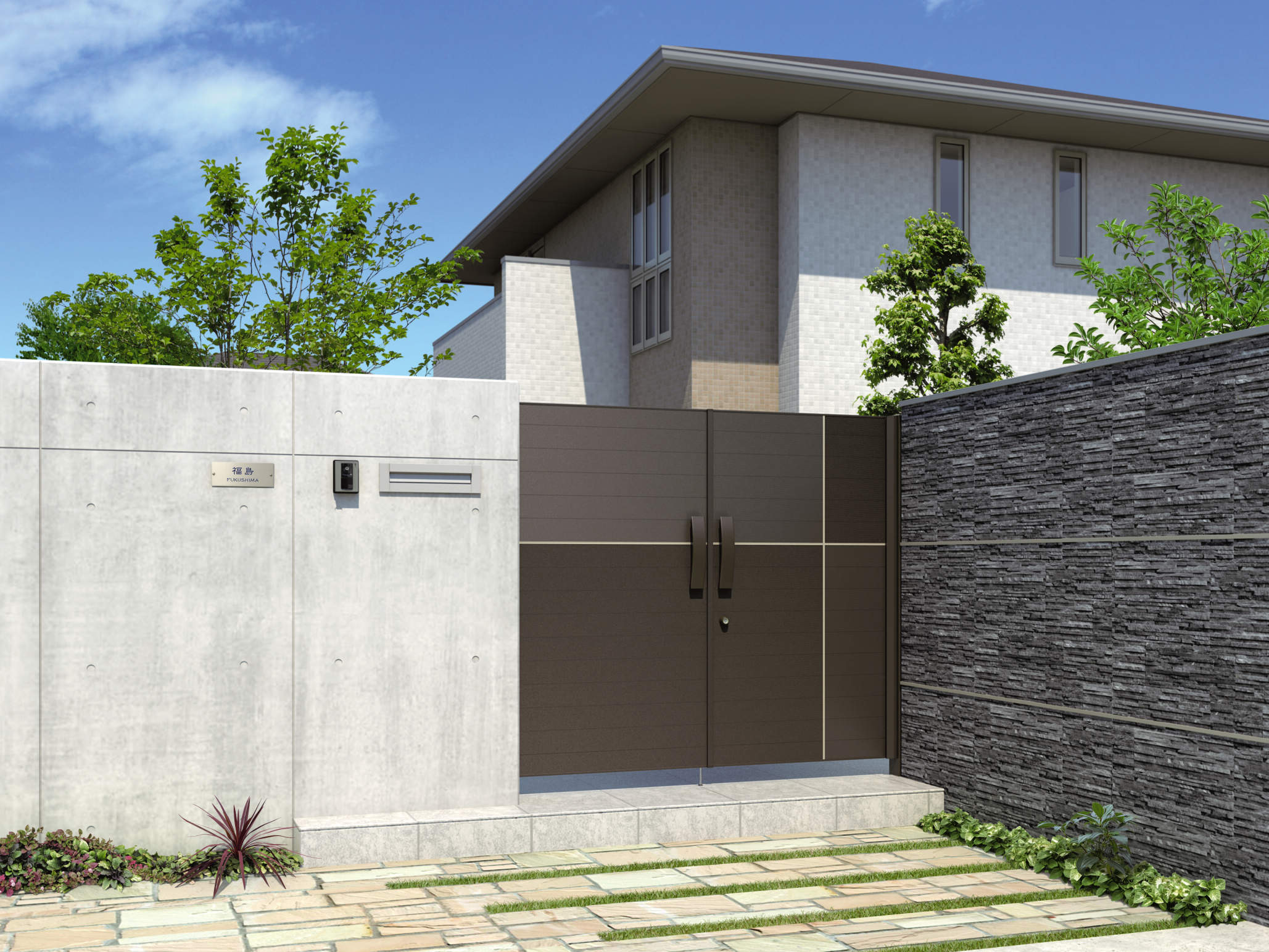 1型 ダークブロンズ／A＋B／0916／すき間ガード（吊元側）／ポスト：SONｰ1K型（JMS）　三協アルミ　門扉　モダン　おしゃれ　エクステリア　愛知・名古屋の外構専門店パートナーホームのエクステリア　製品一覧　形材門扉　リフレア　1型　|パートナーホーム