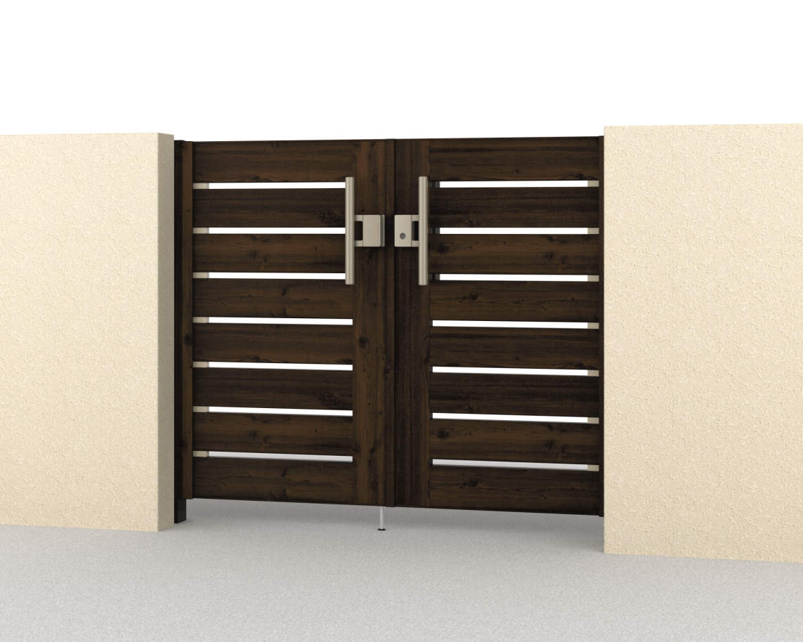 Y1型　三協アルミ　門扉　モダン　おしゃれ　エクステリア　愛知・名古屋の外構専門店パートナーホームのエクステリア　製品一覧　形材門扉　フレイナ　0712/すき間ガード（吊元側）/門柱色：トラッドオーク/トラッドオーク・アーバングレー（FAU）|パートナーホーム