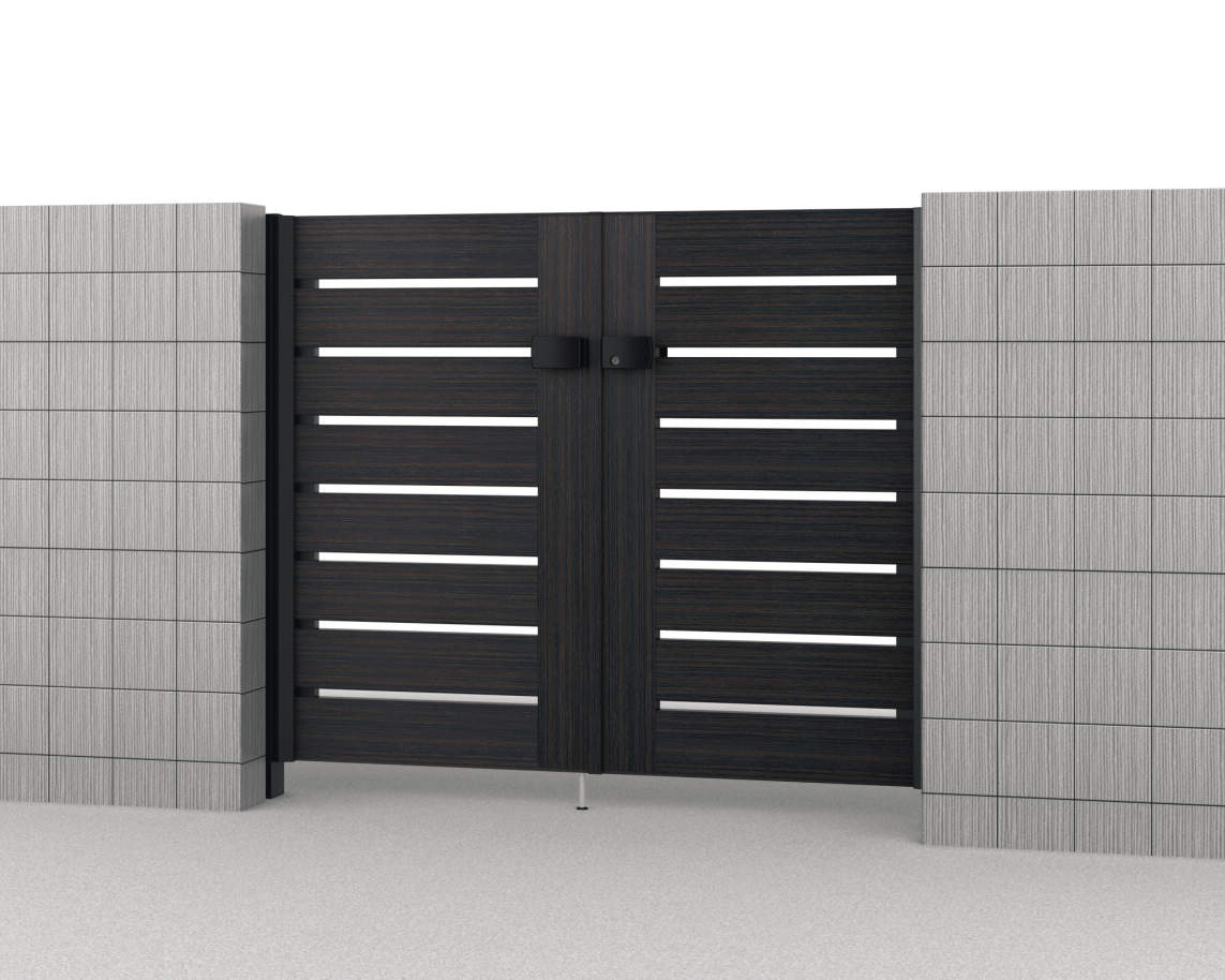 Y1型　三協アルミ　門扉　モダン　おしゃれ　エクステリア　愛知・名古屋の外構専門店パートナーホームのエクステリア　製品一覧　形材門扉　フレイナ　0712/すき間ガード（吊元側）/ビターグレイン・ブラック（HGK）/門柱色：ブラック|パートナーホーム