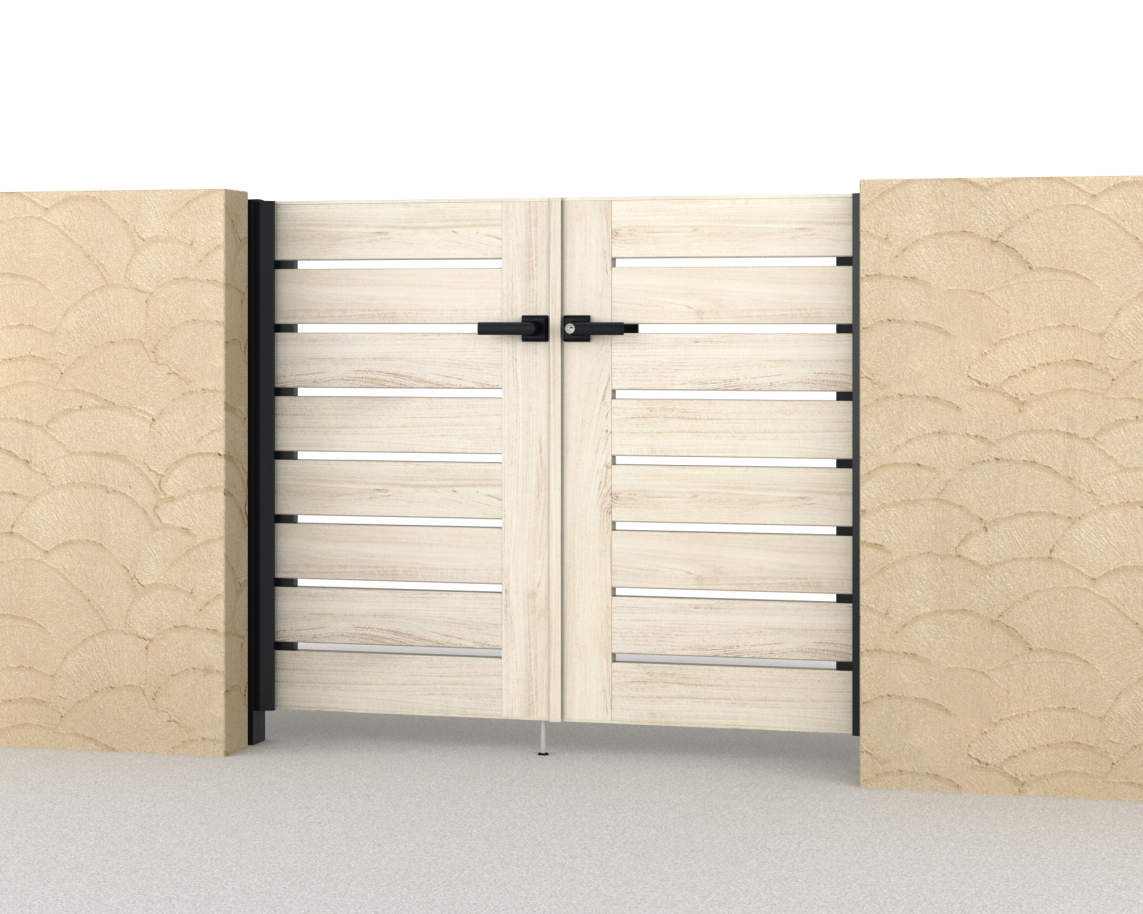 Y1型　三協アルミ　門扉　モダン　おしゃれ　エクステリア　愛知・名古屋の外構専門店パートナーホームのエクステリア　製品一覧　形材門扉　フレイナ　0712/すき間ガード（吊元側）/シルキーノーチェ・ブラック（YNK）/門柱色：ブラック|パートナーホーム