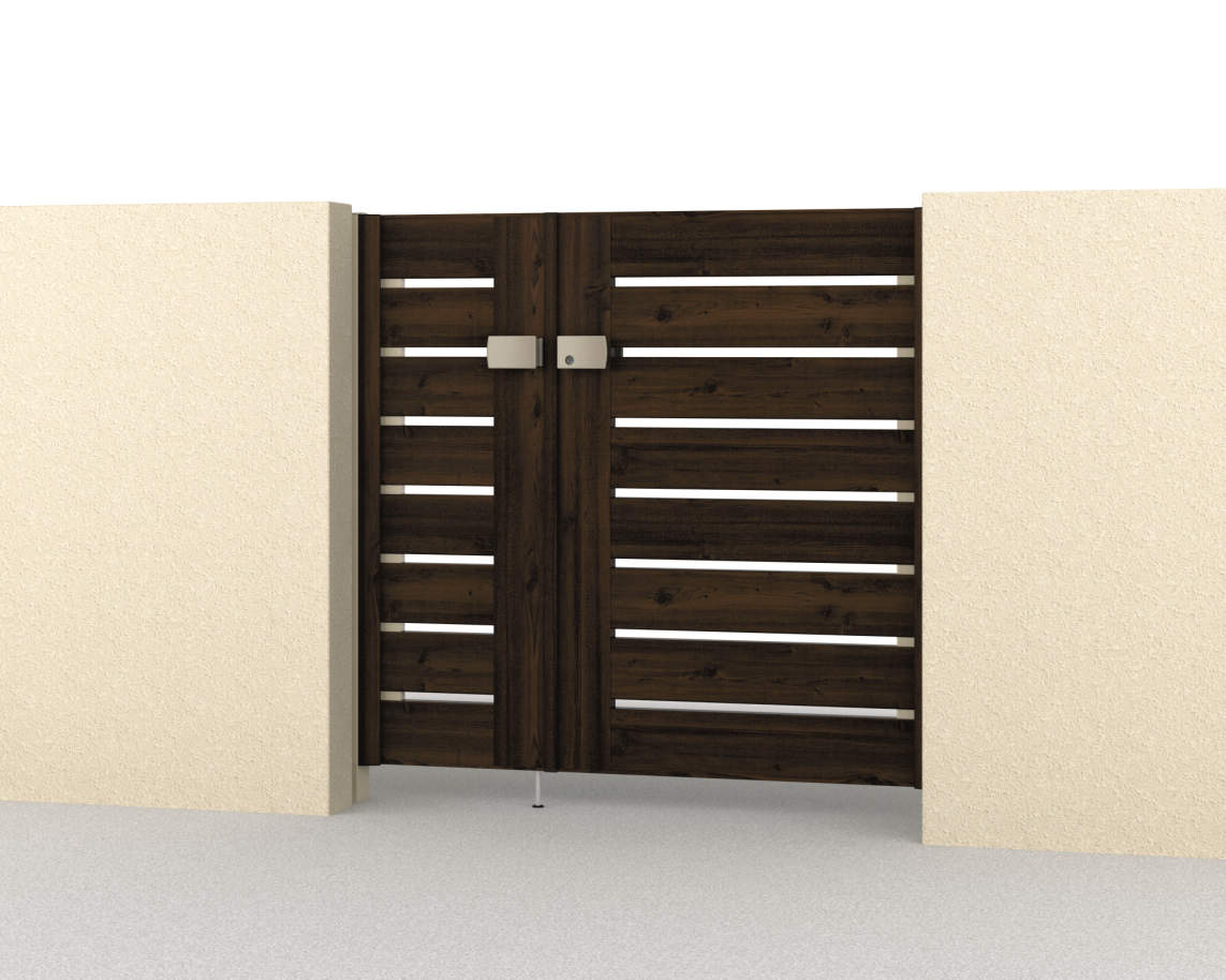 Y1型　三協アルミ　門扉　モダン　おしゃれ　エクステリア　愛知・名古屋の外構専門店パートナーホームのエクステリア　製品一覧　形材門扉　フレイナ　04・0812/すき間ガード（吊元側）/トラッドオーク・アーバングレー（FAU）/門柱色：アーバングレー|パートナーホーム