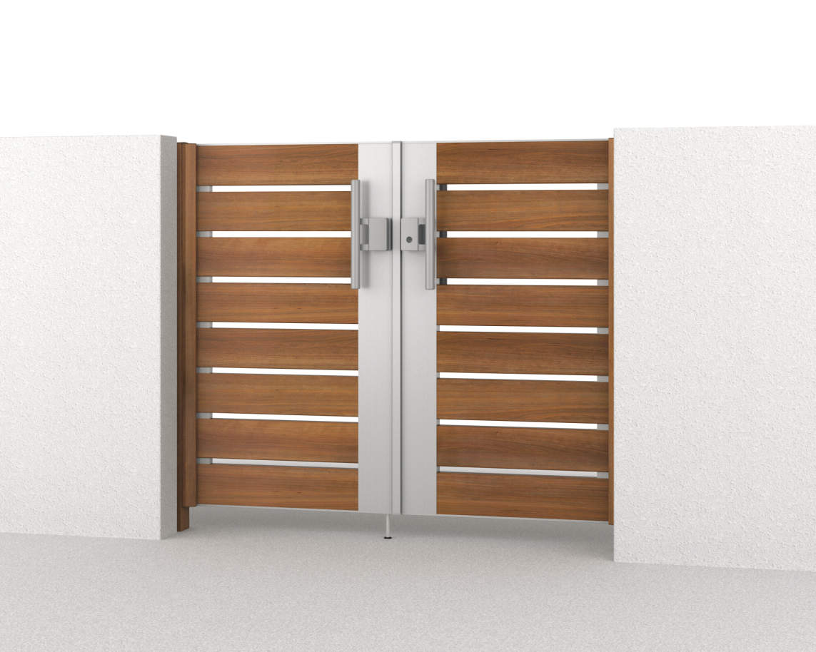 Y2型　三協アルミ　門扉　モダン　おしゃれ　エクステリア　愛知・名古屋の外構専門店パートナーホームのエクステリア　製品一覧　形材門扉　フレイナ　0712/すき間ガード（吊元側）/クラフトチェリー・サンシルバー（YCL）/門柱色：クラフトチェリー EG016295|パートナーホーム