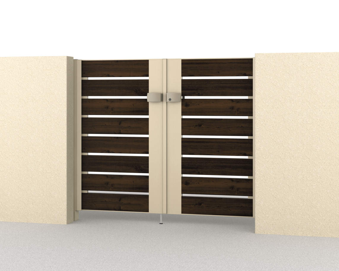 Y2型　三協アルミ　門扉　モダン　おしゃれ　エクステリア　愛知・名古屋の外構専門店パートナーホームのエクステリア　製品一覧　形材門扉　フレイナ　0712/すき間ガード（吊元側）/トラッドオーク・アーバングレー（FAU）/門柱色：アーバングレー|パートナーホーム