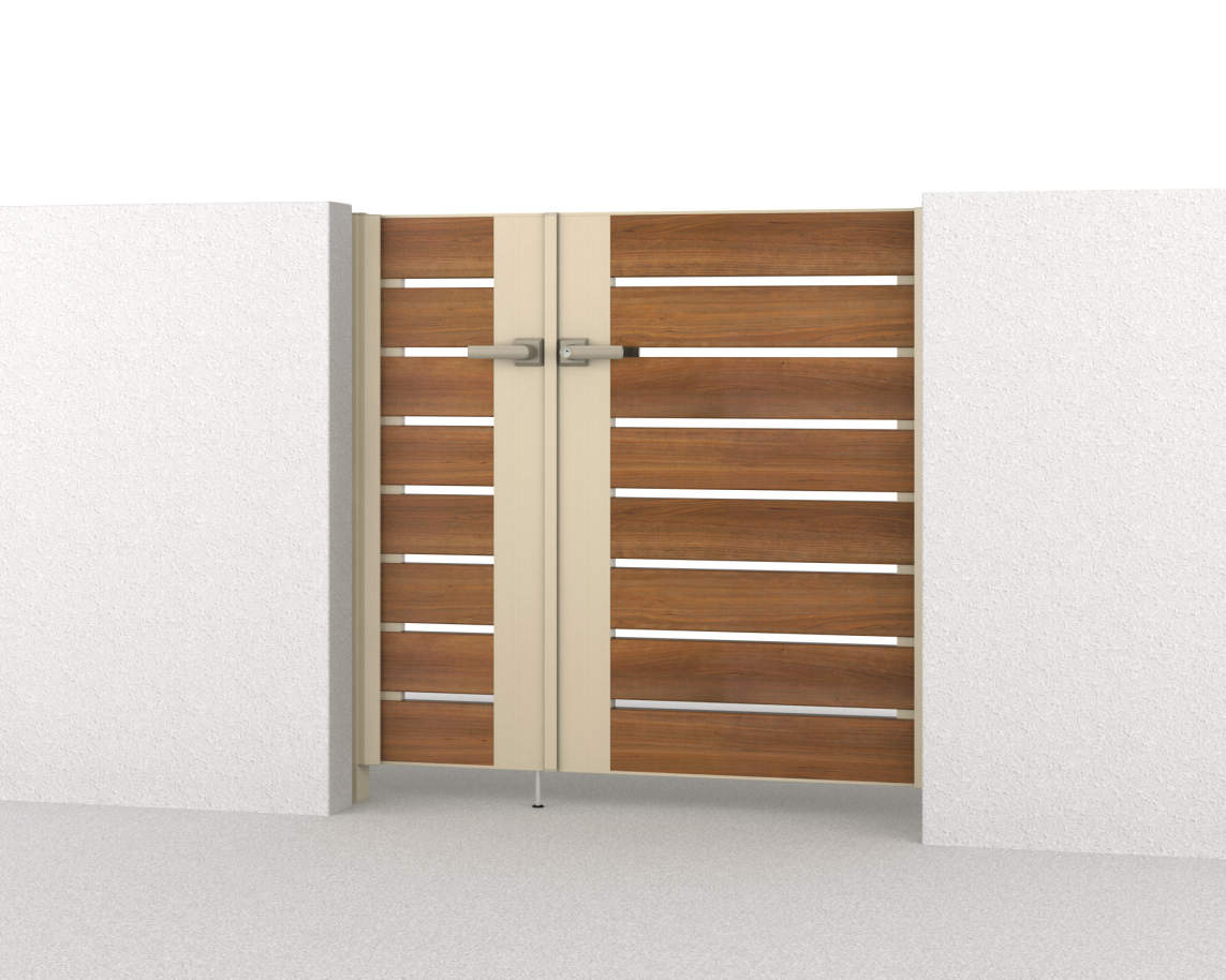 Y2型　三協アルミ　門扉　モダン　おしゃれ　エクステリア　愛知・名古屋の外構専門店パートナーホームのエクステリア　製品一覧　形材門扉　フレイナ　04・0812/すき間ガード（吊元側）/クラフトチェリー・アーバングレー（YCU）/門柱色：アーバングレー|パートナーホーム