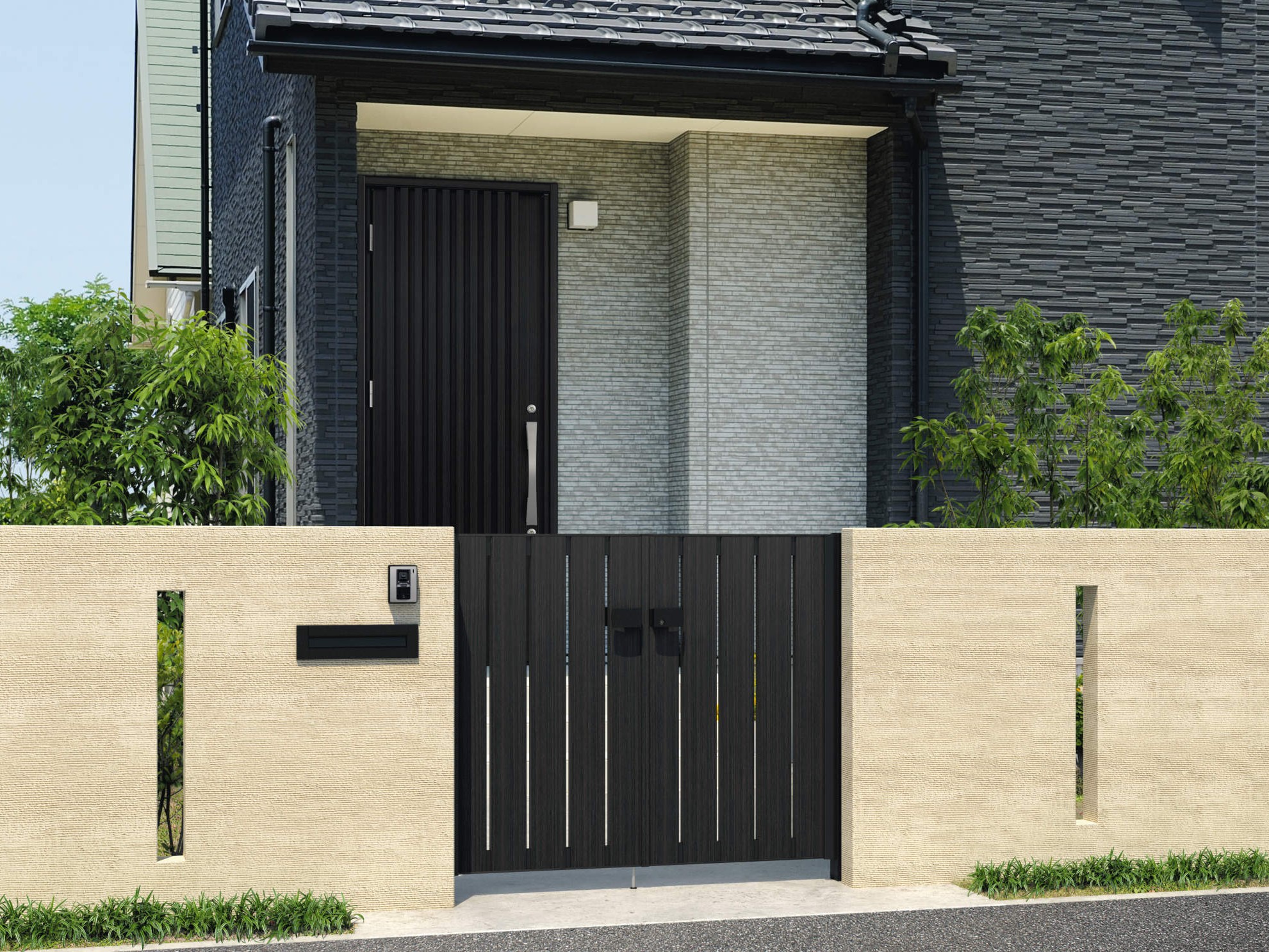 三協アルミ　フレイナ　T1型・T4型【外構エクステリア商品】|三協アルミ　門扉　モダン　おしゃれ　エクステリア　愛知・名古屋の外構専門店パートナーホームのエクステリア　製品一覧　形材門扉　フレイナ　T1型　HGK（ビターグレイン・ブラック）／門柱色：ブラック／タッチ錠（スタンダードタイプ）／0712／すき間ガード（吊元側）|パートナーホーム