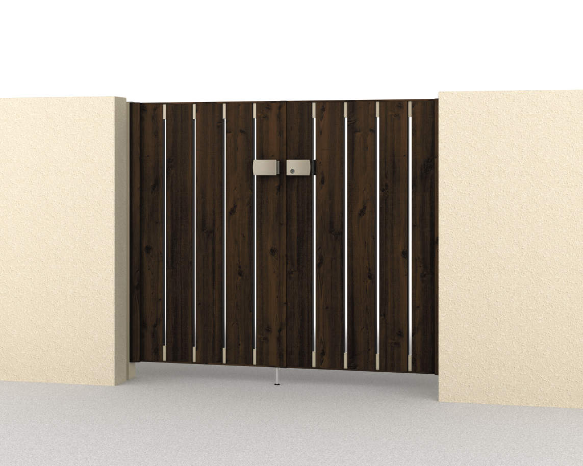 三協アルミ　門扉　モダン　おしゃれ　エクステリア　愛知・名古屋の外構専門店パートナーホームのエクステリア　製品一覧　形材門扉　フレイナ　T1型　0712/すき間ガード（吊元側）/トラッドオーク・アーバングレー（FAU）/門柱色：アーバングレー EG016299|パートナーホーム