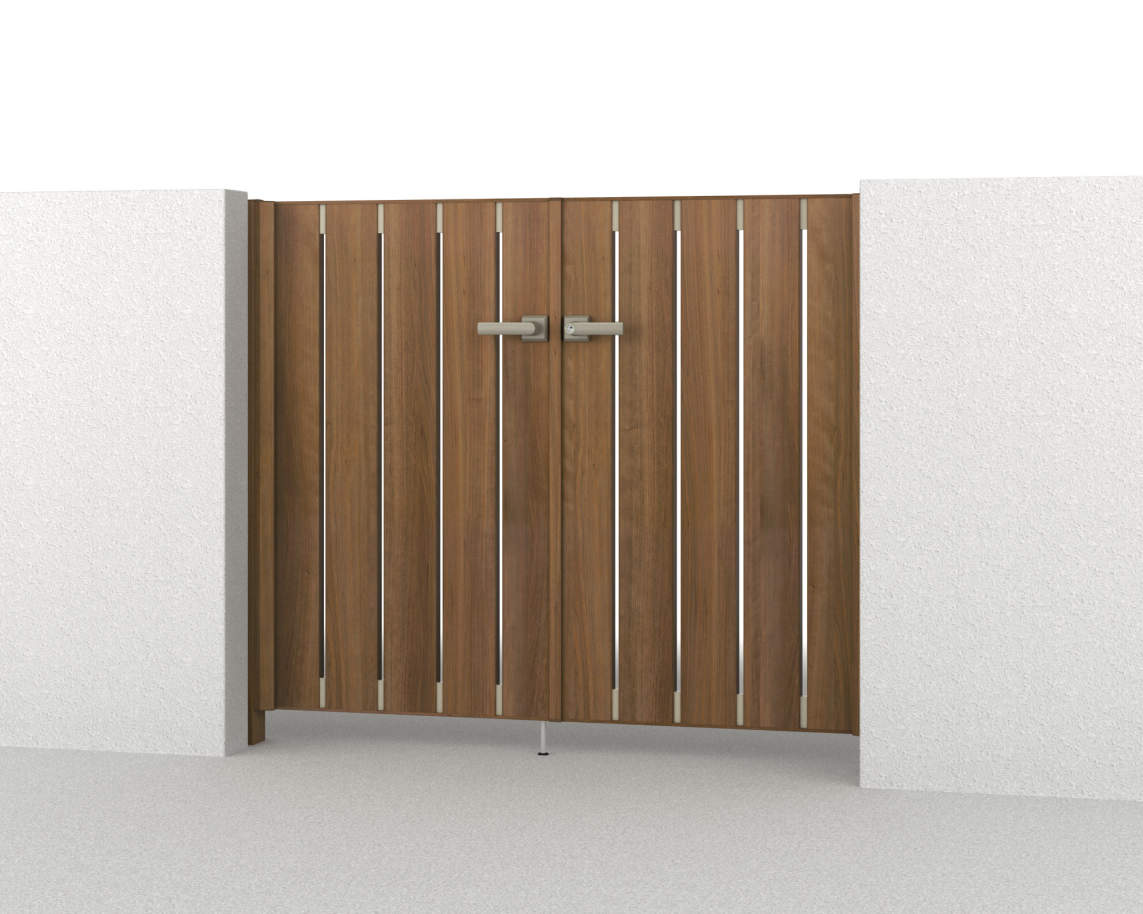 三協アルミ　門扉　モダン　おしゃれ　エクステリア　愛知・名古屋の外構専門店パートナーホームのエクステリア　製品一覧　形材門扉　フレイナ　T1型　0712/すき間ガード（吊元側）/クラフトチェリー・アーバングレー（YCU）/門柱色：クラフトチェリー|パートナーホーム