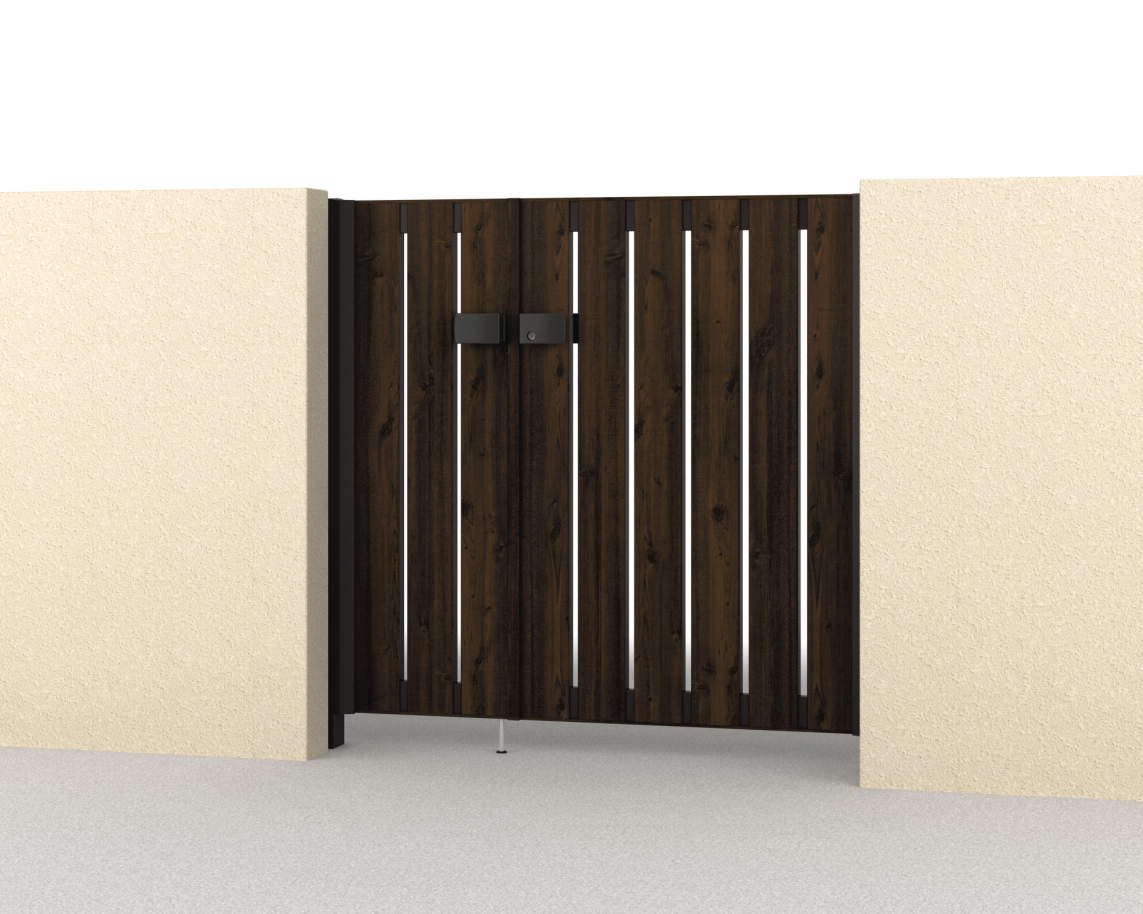 三協アルミ　門扉　モダン　おしゃれ　エクステリア　愛知・名古屋の外構専門店パートナーホームのエクステリア　製品一覧　形材門扉　フレイナ　T1型　0712/すき間ガード（吊元側）/クラフトチェリー・アーバングレー（YCU）/門柱色：クラフトチェリー|パートナーホーム