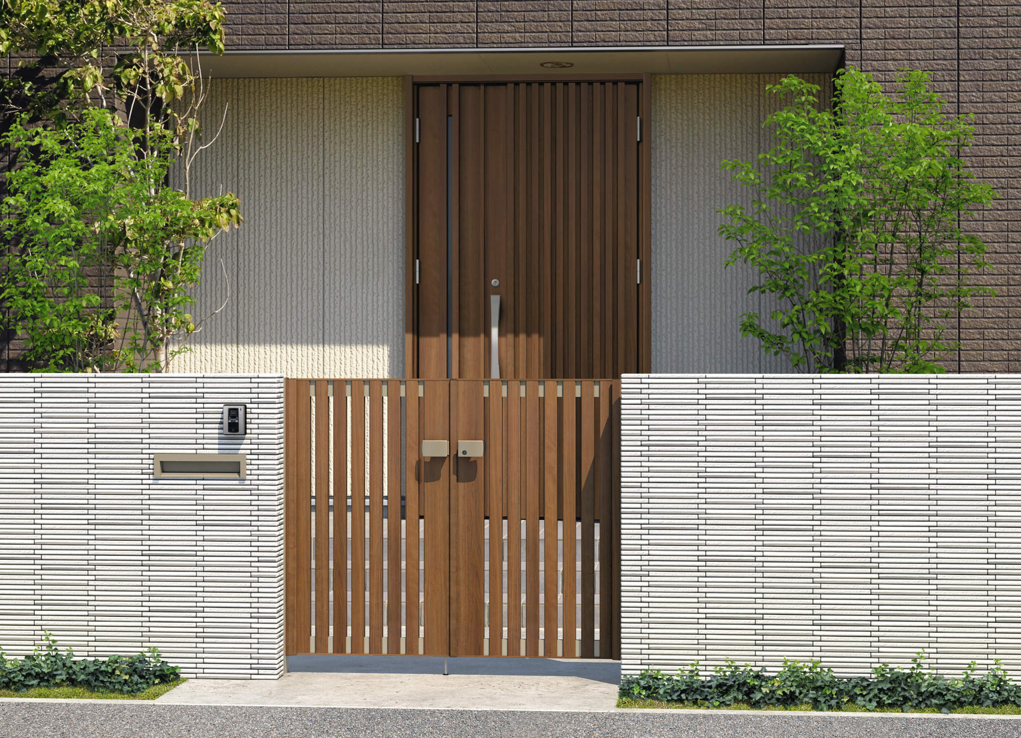 三協アルミ　門扉　モダン　おしゃれ　エクステリア　愛知・名古屋の外構専門店パートナーホームのエクステリア　製品一覧　形材門扉　フレイナ　T4型　木調タイプ／YCU（クラフトチェリー・アーバングレー）／門柱色：アーバングレー／タッチ錠（スタンダードタイプ）／0712／すき間ガード（吊元側）|パートナーホーム