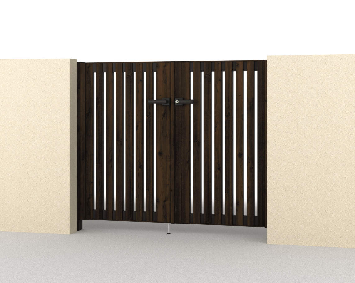 三協アルミ　門扉　モダン　おしゃれ　エクステリア　愛知・名古屋の外構専門店パートナーホームのエクステリア　製品一覧　形材門扉　フレイナ　T4型　0712/すき間ガード（吊元側）/トラッドオーク・ダークブロンズ（FAC）/門柱色：トラッドオーク|パートナーホーム