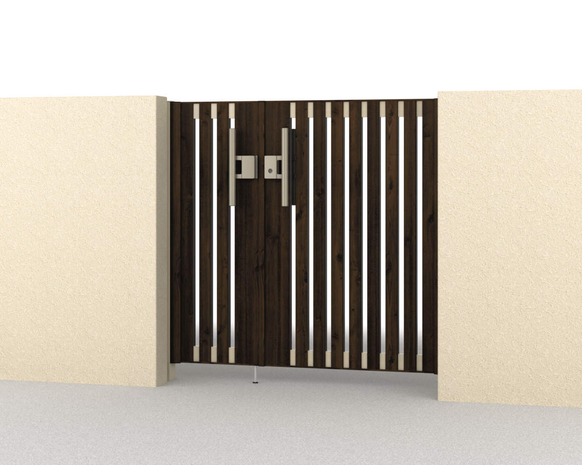 三協アルミ　門扉　モダン　おしゃれ　エクステリア　愛知・名古屋の外構専門店パートナーホームのエクステリア　製品一覧　形材門扉　フレイナ　T4型　04・0812/すき間ガード（吊元側）/トラッドオーク・アーバングレー（FAU）/門柱色：アーバングレー|パートナーホーム