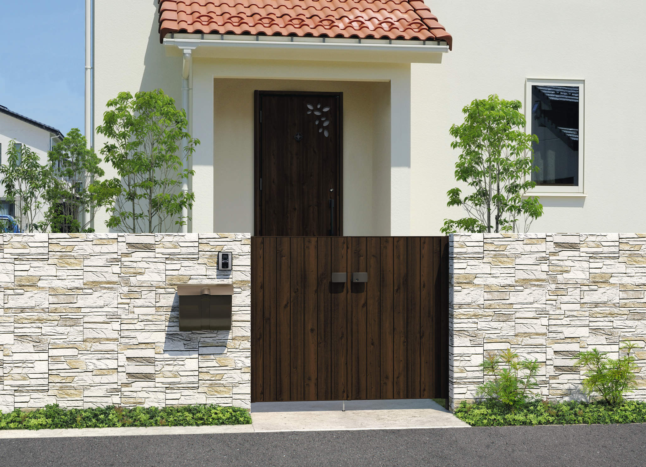 三協アルミ　門扉　モダン　おしゃれ　エクステリア　愛知・名古屋の外構専門店パートナーホームのエクステリア　製品一覧　形材門扉　フレイナ　TM型　0712/すき間ガード（吊元側）/トラッドオーク（FA）/門柱色：トラッドオーク|パートナーホーム