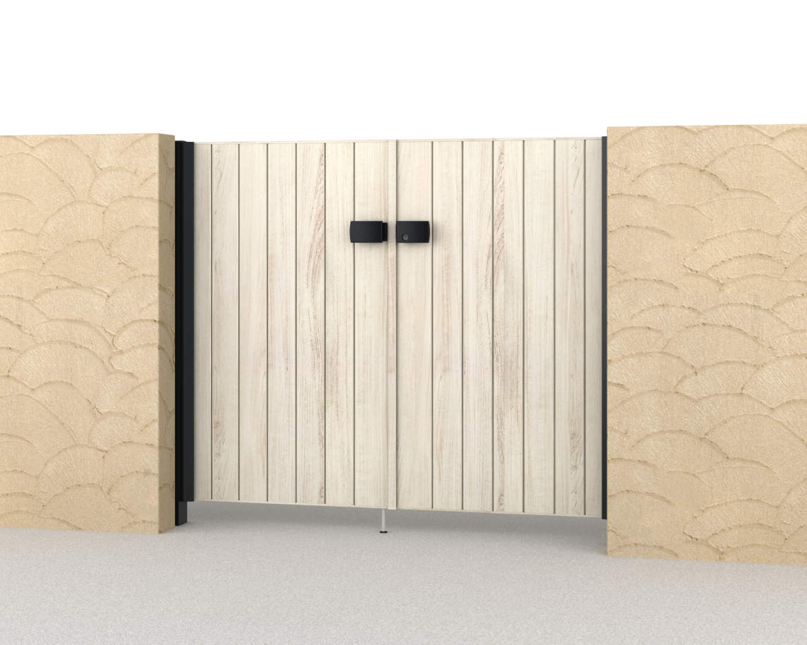 三協アルミ　門扉　モダン　おしゃれ　エクステリア　愛知・名古屋の外構専門店パートナーホームのエクステリア　製品一覧　形材門扉　フレイナ　TM型　0712/すき間ガード（吊元側）/シルキーノーチェ（YN）/門柱色：ブラック|パートナーホーム