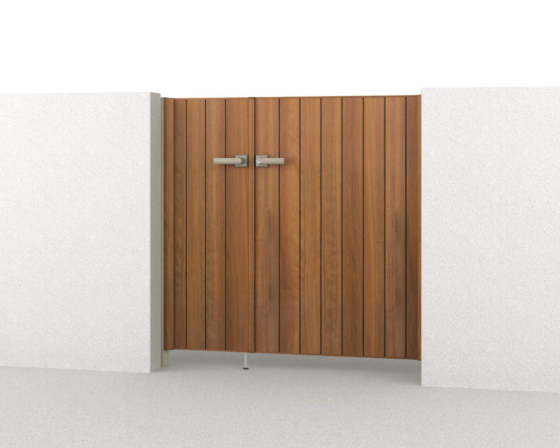 三協アルミ　門扉　モダン　おしゃれ　エクステリア　愛知・名古屋の外構専門店パートナーホームのエクステリア　製品一覧　形材門扉　フレイナ　TM型　04・0812/すき間ガード（吊元側）/クラフトチェリー（YC）/門柱色：アーバングレー|パートナーホーム