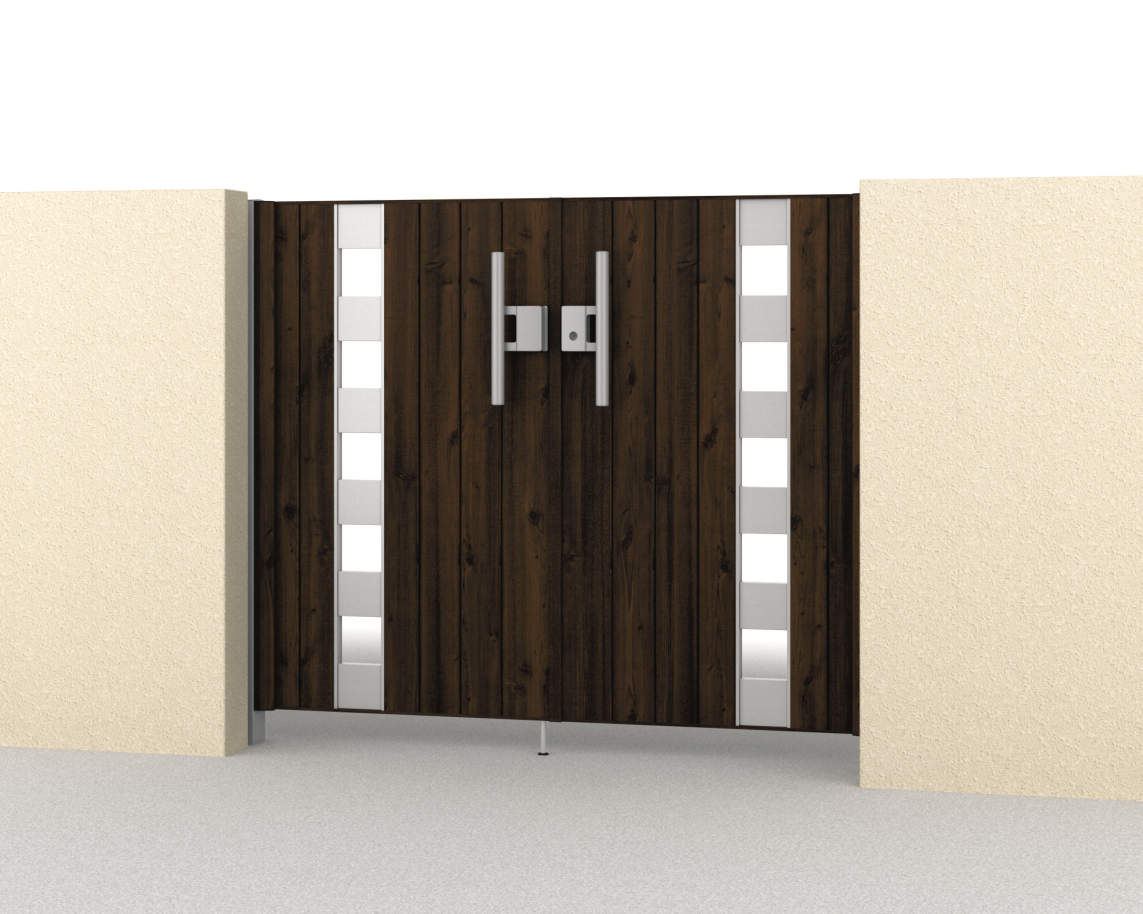 三協アルミ　門扉　モダン　おしゃれ　エクステリア　愛知・名古屋の外構専門店パートナーホームのエクステリア　製品一覧　形材門扉　フレイナ　SW型　0712/すき間ガード（吊元側）/トラッドオーク・サンシルバー（FAL）/門柱色：サンシルバー EG016310|パートナーホーム